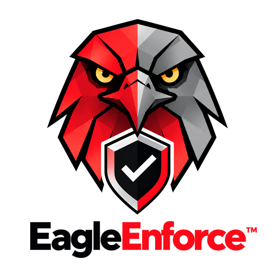 EagleEnforce™ — eagle head over a shield with a check mark